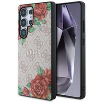 Guess Odinė 4G Gėlių Spauda Metalinis Klasikinis Logo MagSafe Dėklas Samsung Galaxy S25 Ultra - Rožinė