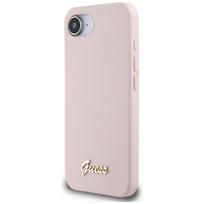 Guess Silikoninė Rašymo Metalinė Logo MagSafe iPhone 16e Dėklas - Rožinė