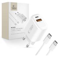 Tech-Protect NCA30 PD 30W QC3.0 USB-A / USB-C Sieninis Įkroviklis + USB-C / USB-C Laidas 100cm - Balta