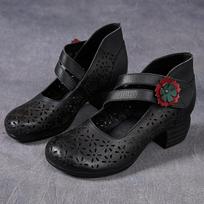 GKTINOO 2025 Spring Fashionable Flower Genuine Leather Pumps Hollow Out Thick Heels Strap Mid Heel Soft Sole Mom Shoes Sandals 40 gray