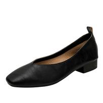 2025 spring and autumn Korean version comfortable retro leather square head soft leather single shoes one pedal lazy non-slip middle heel grandma sho 34