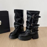 Punk stiliaus moteriški aukštakulniai batai iki kelių su kvadratiniais kulnais, moteriški su diržo sagtimi, ilgi aulinukai, rudens žiemos, Zapatos De Mujer 35 juoda