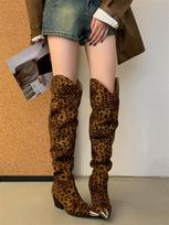 Brown Thigh High Boots Low Heels Pointed Toe Over Knee Boots Woman Leopard Fall Shoes Chunky Heels New Arrival Bottes Femme 35 leopardas