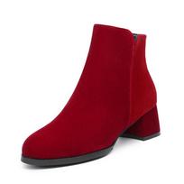 Švęskite rudenį ir žiemą Naujus moteriškus aštriais priekiais zomšinius ankle boots su šoniniu užtrauktuku, kasdienius, su storu vidutiniu kulnu, moteriškus Botines 35 raudona