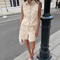 French Summer Cotton-Linen Women's Tank Top & Shorts Set – High-End, Trendy Fashion for 2025 Small