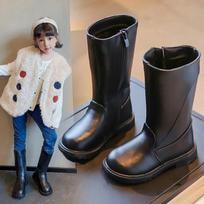 Girls Long Boots Black PU Leather Kids High Boots Autumn Winter Fashion Warm Fur Children Motorcycle Boots Simple Classic 30 juoda