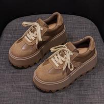 Dexun shoes thick sole inner height increase women's new matte leather retro casual fashion sports board shoes female student shoes 35 chaki