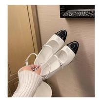 Sheepskin version~ A miu one-word strap high heel Mary Jane single shoes women's leather round head cat heel shoes ballet shoes small leather shoes 35