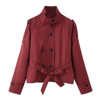 Women's Cropped Trench Coat Double Breasted Short Jacket High Collar Fall Winter Coats Trendy Outfit With Belt S raudona