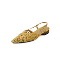 Sheepskin Korean version of niche leather woven breathable sandals women's summer flat bottom pointed hollow Muller outer wear cool slippers 34