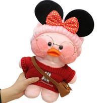 Minkštas pliušinis ančiukas lalafanfan su raudonu megztiniu, 32cm