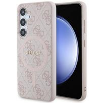 Guess 4G kolekcijos odinis metalinis logotipas MagSafe dėklas Samsung Galaxy S24 - Rožinė