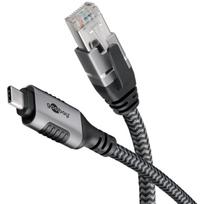 Ethernet-Kabel USB-C 3.2 Gen2 Stecker > RJ-45 Stecker (schwarz/silber, 5 Meter, geflochtener Textilmantel)
