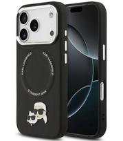 Juodas dėklas Apple iPhone 17 Pro Max telefonui "Karl Lagerfeld PU Karl and Choupette Heads Pins MagSafe Case"