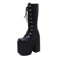 Fashion Women's Y2K Side Zipper Platform Boots Knee High Motorcycle Boots Black Closed Toe Lace Up Long Boots 35 juoda