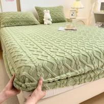 Žieminė šilta paklodė su gumyte Viengulei/Karalienei/Karališkajai lovai Čiužinio užvalkalas Storas koralinis vilnos pūkuotas priglundantis paklodė lovai 2xPillowcase NOSHEET žalia