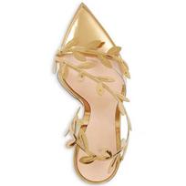 Fashion Golden Branch Jade Leaves High Heel Sandals Non-Slip Thin Heel Pointed Toe Gold  Celebrity Style Transparent Rhinestone Chain 34