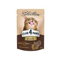 CLUB 4 PAWS Premium plus gabaliukai suaugusioms katėms su triušiena ir kalakutiena padaže 12x85 gr - 12x80 gr