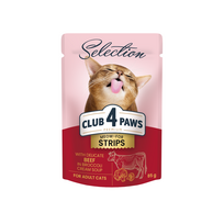 CLUB 4 PAWS Premium plus juostelės suaugusioms katėms su jautiena brokolių kreminėje sriuboje 12x85 gr - 12x0.085 kg