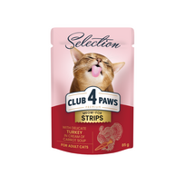 CLUB 4 PAWS Premium plus juostelės suaugusioms katėms su kalakutiena kreminėje morkų sriuboje 12x85 gr - 12x80 gr