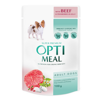 OPTIMEAL ™ Visavertis konservuotas pašaras suaugusiems šunims su jautiena ir spanguolėmis drebučiuose 12x0.01 kg - 12x0.1 kg