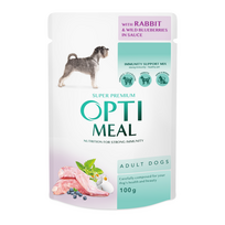OPTIMEAL ™ visavertis konservuotas pašaras suaugusiems šunims su triušiena ir mėlynėmis padaže 12x0.085 kg - 12x0.1 kg