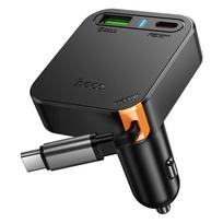 Automobilinis įkroviklis Hoco su ištraukiamu laidu 2 x USB C + USB A QC PD 65W NZ18 juodas