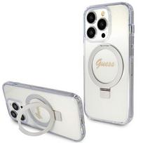 Guess žiedinis laikiklis Script Glitter MagSafe dėklas iPhone 15 Pro - skaidrus