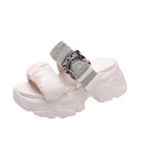 Bling Slippers Women Flip-Flops Ladies Beach Shoes Buckle Wedge Heels Shoes New Woman High Platform Slippers Outside Sandals 34 smėlis