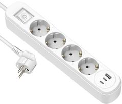 Ilgiklis ELECTRALINE, 4 lizd., 1,5m, su įž., su jungikliu, 3x1, baltos sp., USB-A, 2xUSB-C, 62520