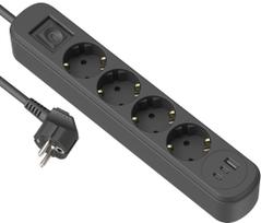 Ilgiklis ELECTRALINE, 4 lizd., 1,5m, su įž., su jungikliu, 3x1, juodos sp., USB-A, 2xUSB-C, 62521