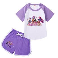 Vaikiškas mergaitiškas anime animacinis POP dainininkės Rumi Zoey Mira spausdintas kasdienis raglano trumpomis rankovėmis marškinėlių ir šortų drabužių rinkinys 100cm violetinė