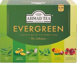 "Ahmad Tea Evergreen" - 6 žaliųjų arbatų asorti - pipirmėčių, citrinų, mangų ličių, aviečių granatų, jazminų ir žaliosios arbatos - 60 atskirai supakuotų aromatingų užspaudžiamų arbatos maišelių