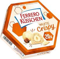"Ferrero Küsschen White Crispy" - traškūs skrudinti lazdyno riešutai lengvoje grietinėlėje, įvynioti į baltąjį šokoladą ir traškius traškučius - 1 pakuotė po 20 atskirų šokoladinių saldainių