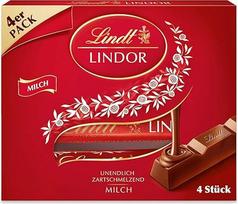 "Lindt Lindor" viso pieno batonėliai, pieniškas šokoladas, šokolado plytelės daugkartinėje pakuotėje, 4 batonėliai, 100 g