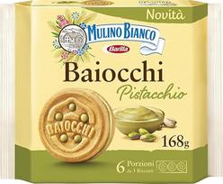 "Mulino Bianco Baiocchi" sausainiai su pistacijomis, idealiai tinka pusryčiams ar užkandžiams, be palmių aliejaus, 6 porcijos po 3 sausainius, 1, 168.0 g, 168.0 g, 168.0 g
