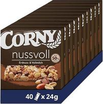 Batonėlis "Corny Nutful" su žemės riešutais ir pilnu pienu, žemės riešutais ir šokolado gabalėliais 40 x 24 g