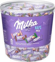 Milka Naps Mix 1x 1 kg skardinė, burnoje tirpstantys mini šokolado batonėliai iš Alpių pieno, braškių, lazdyno riešutų ir kakavos kremo