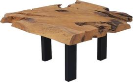 SAM Ibiza kavos staliukas, šoninis staliukas iš šaknų medienos, tikmedžio masyvas + natūrali mediena, sofos staliukas su metalinėmis kojelėmis, juodas, 80 x 80 x 40 cm