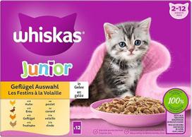 WHISKAS Junior drėgno maisto porcijinis maišelis, paukštienos pasirinkimas su želė, 12 x 85 g