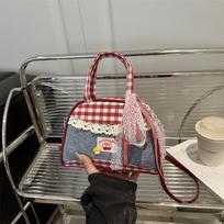 Red plaid bag women's new trendy fashion college style handbag fresh and cute lace shoulder messenger bag raudona