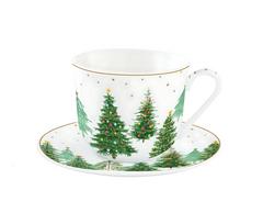 EASY LIFE porcelianinis puodelis su lėkštute "Festive Trees", 400 ml