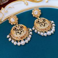 Vintage Silver Drop Earrings with Inlaid Diamonds & Pearls - Hollow Design, Retro Court Style