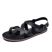 Natūralios odos vyriški sandalai Vasaros Retro Romos Sandalai Dizainas Atviras pirštas Sandalas Vyriški Atsitiktiniai Plokščiapadžiai Sandalai Rankų darbo Karvės odos Sandalias 37 juoda