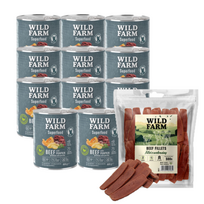 WILD FARM Superfood Beef (jautiena su moliūgais, bulvėmis ir petražolėmis) 12x800 g pašaro šunims be grūdų + nemokamas skanėstas