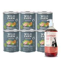 WILD FARM Superfood Chicken (Vištiena su moliūgais, obuoliais ir žolelėmis) 6x800 g pašaro šunims be grūdų + LAB V Lašišų aliejus šunims ir katėms 1000ml