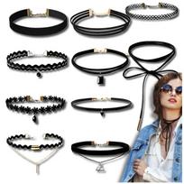 Choker kaklo papuošalų rinkinys, juodas, 10 vnt.