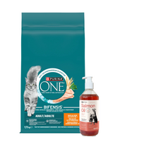 Purina One Adult Chicken & Wheat kačių ėdalas 9,75 kg + LAB V Lašišų aliejus šunims ir katėms 500ml