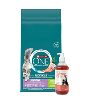 Purina One Sesitive kalakutienos ir ryžių suaugusių kačių ėdalas 9,75 kg + LAB V Lašišų aliejus šunims ir katėms 500ml