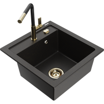 Mexen Vito granitinė 1-dalė kriauklė su Flora virtuviniu čiaupu, juoda/auksinis metalikas - 6503-75-670401-57-G